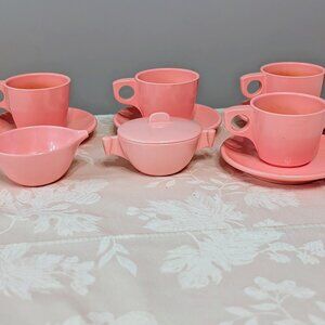 VTG Lot of 11 Boonton Ware Pink Cups Saucers Meldale Cream Sugar w Lid Melamine